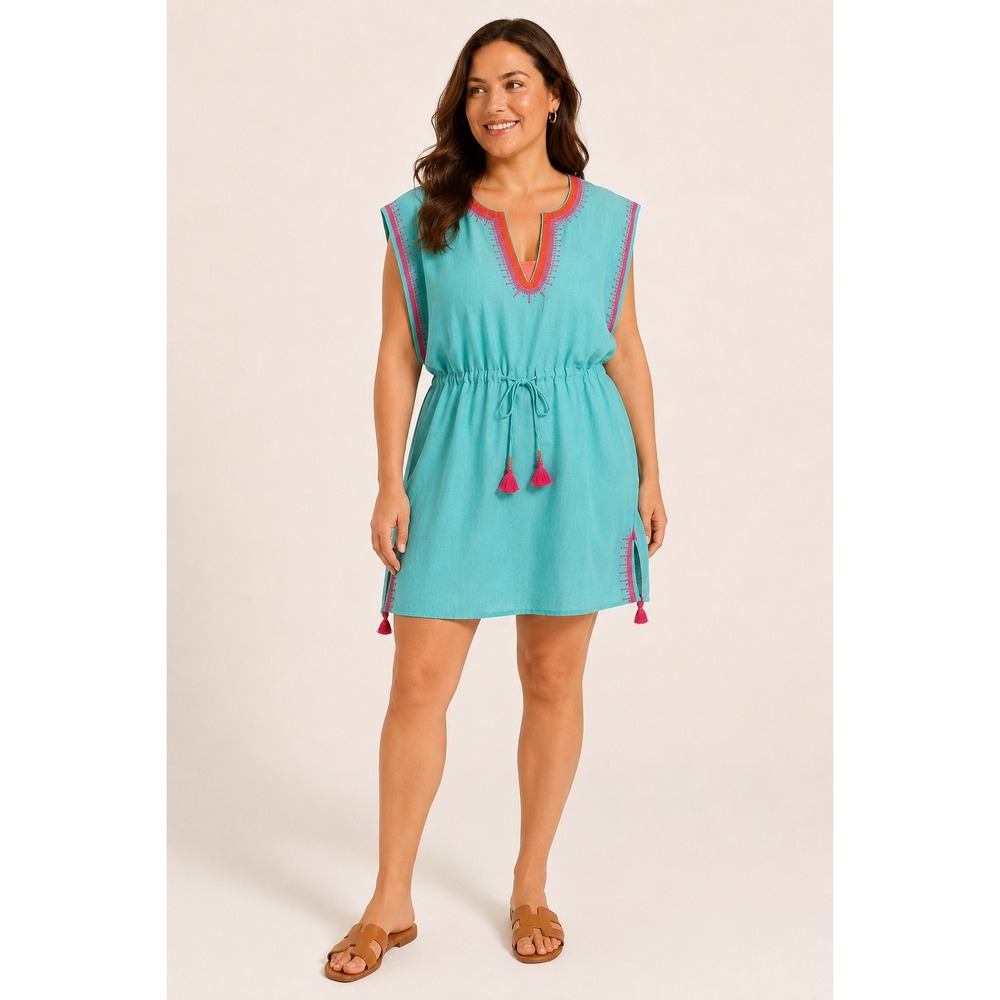Vineyard Vines Women's XL Turquoise Embroidered Tassel Swim Cover Up Tunic